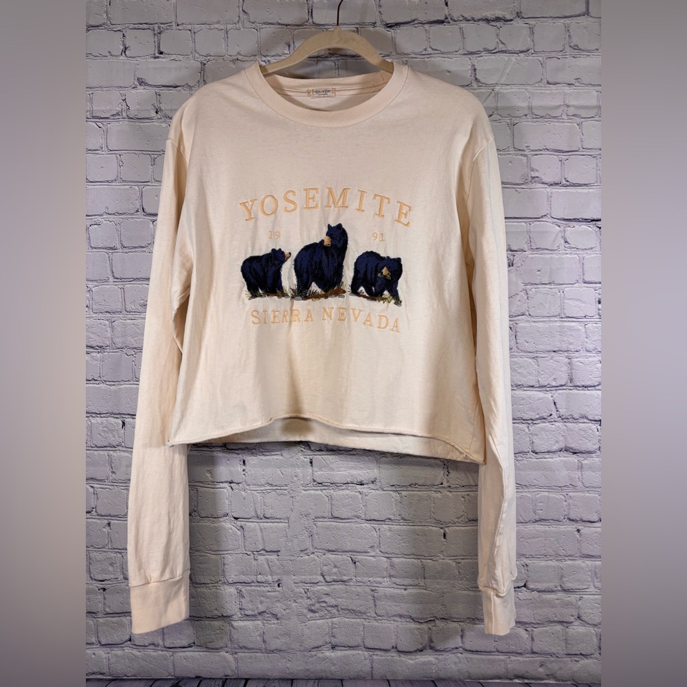 John Galt Yosemite Cream Embroidered Bears Presley Long Sleeve Boyfriend T-Shirt